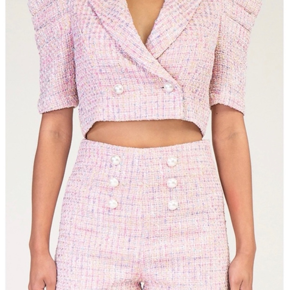 Super cute tweed shorts set with pearl buttons.